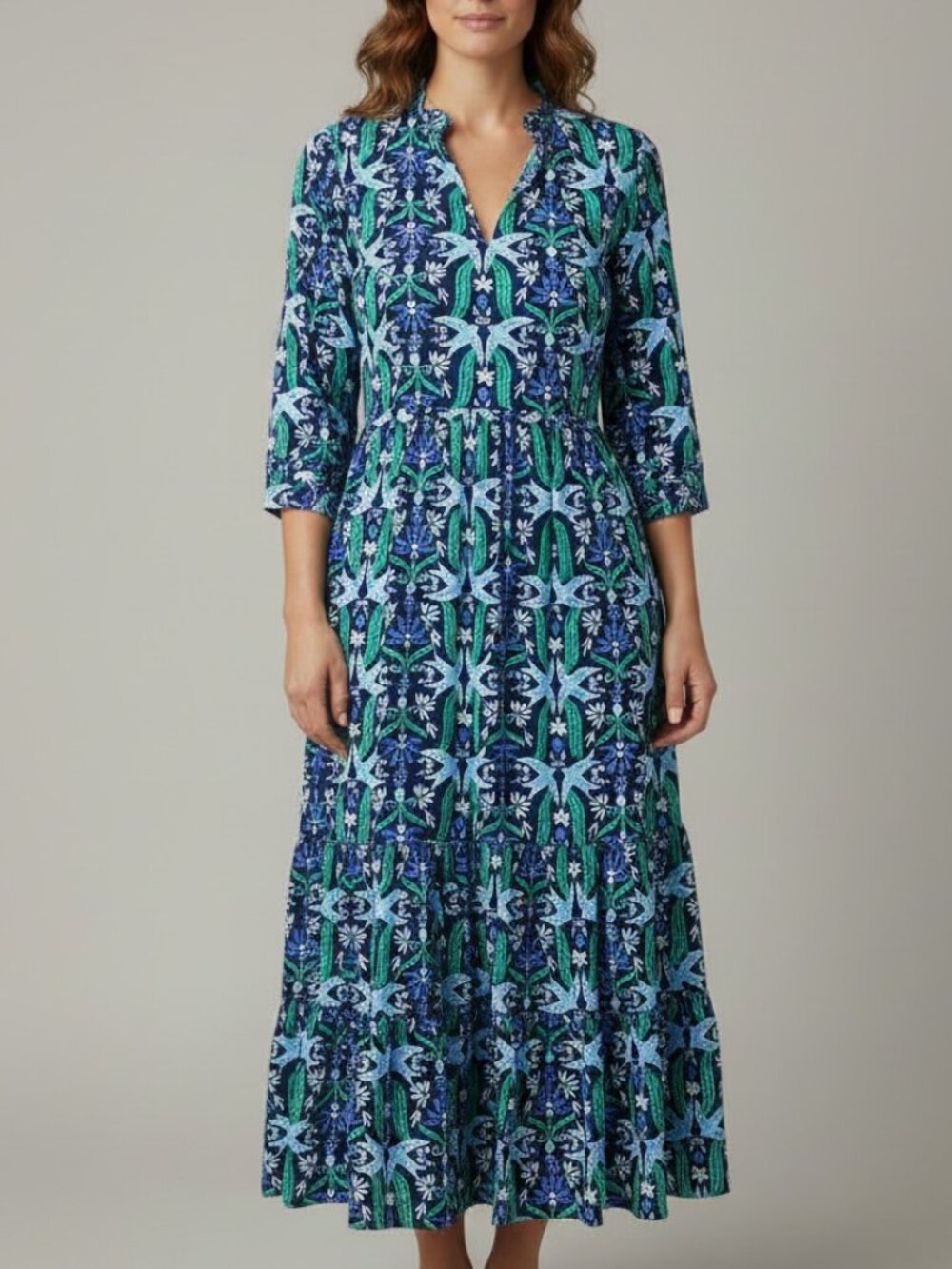 Mary Square Cameron Blue Bird Floral Print Midi Dress with Pockets Women size 2X